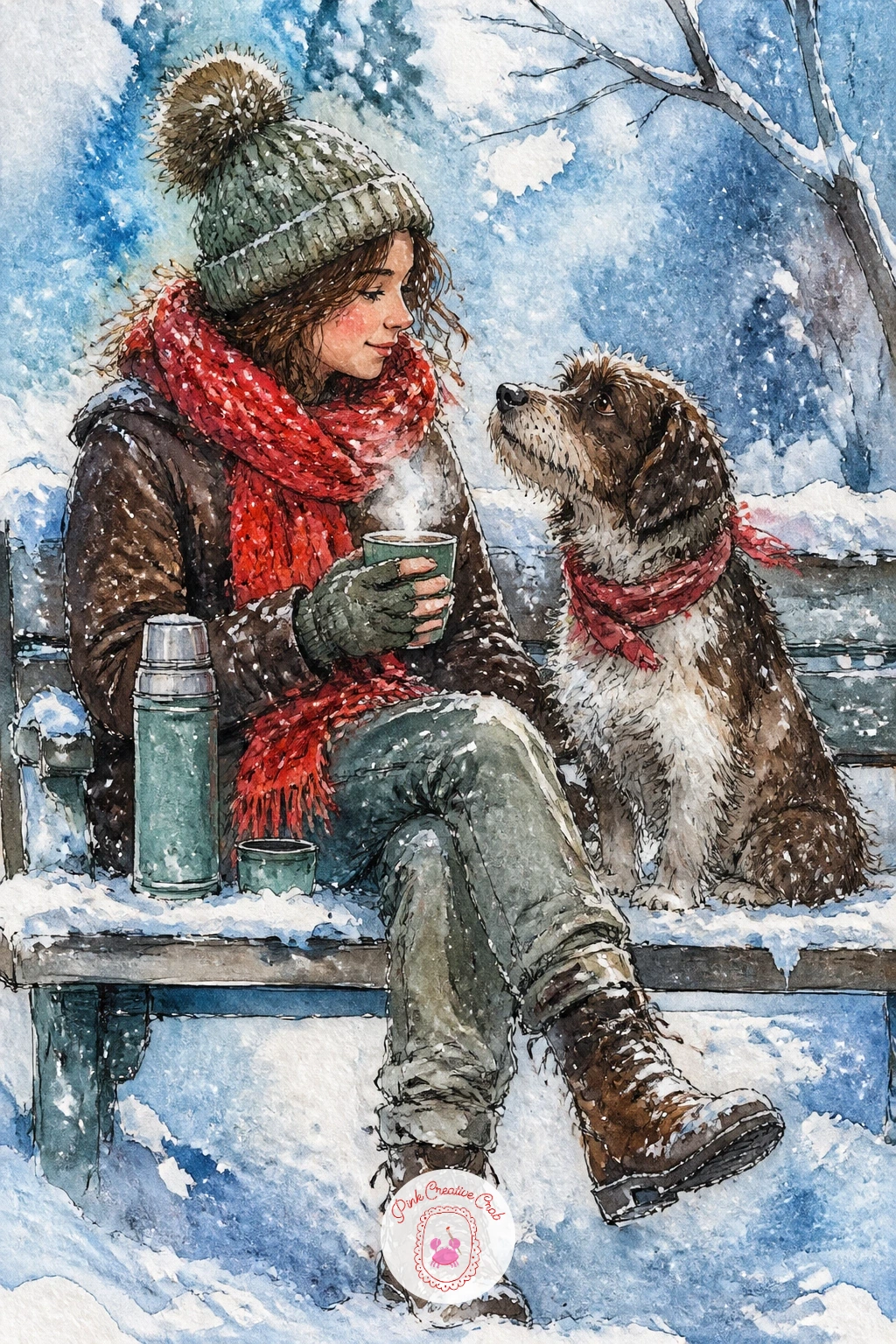 Thermos Break On A Snowy Bench — Bring the dog and its owner together again with a shared thermos break on a snowy bench, a small two figure scene that works