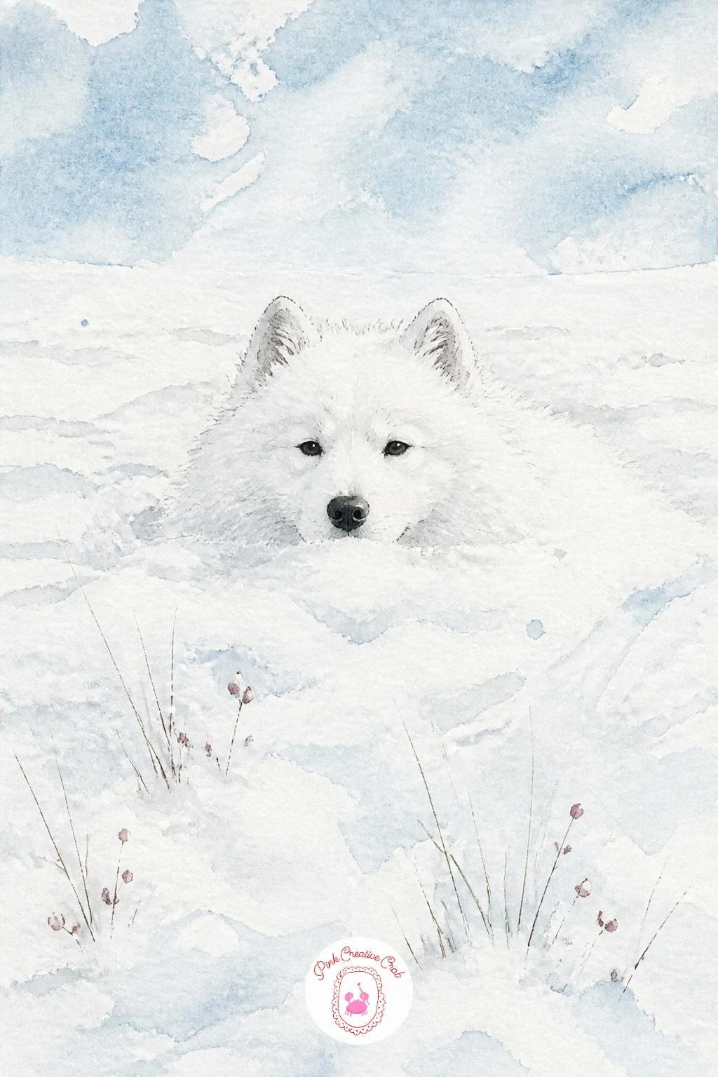 Samoyed Vanishing In A Snowy Field — Try something quieter and more atmospheric with a Samoyed almost disappearing into a wide snowy field, where the challenge