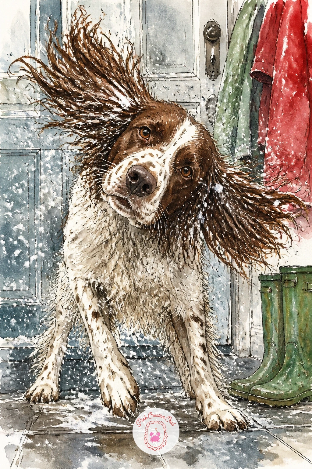 Spaniel Shaking Off Snow Indoors — Move the action into a farmhouse mudroom with a spaniel shaking off snow, caught mid shake with ears and fur flung outward