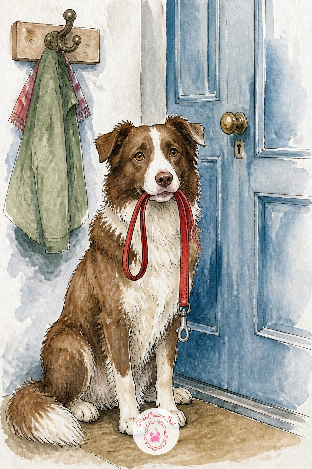Dog Waiting By The Door With Its Leash — Capture quiet anticipation with a dog sitting by the door holding its own leash in its mouth, patiently waiting for a