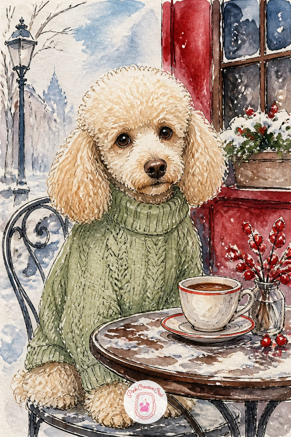 Poodle At A Winter Cafe Table — Give a poodle a little scene of its own, sitting upright in a cable knit jumper at a small winter cafe table, perhaps beside a
