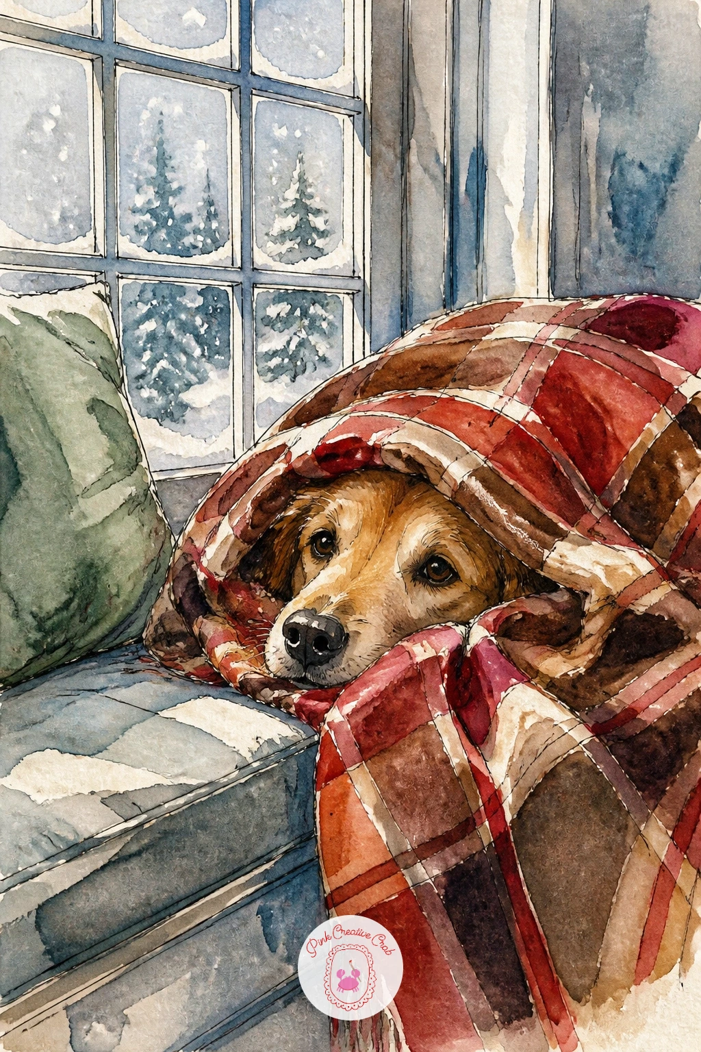Dog Under A Blanket On The Window Seat — Return to a cosy indoor mood with a dog watching the snow from under a blanket on a window seat, just the head and