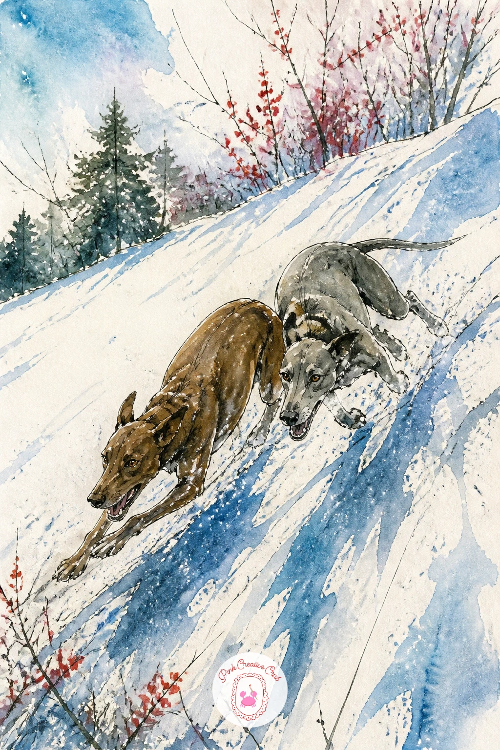Two Dogs Racing Down A Snowy Hill — Add real energy with two dogs racing each other down a snowy hill, bodies stretched low and fast, legs a blur of motion.
