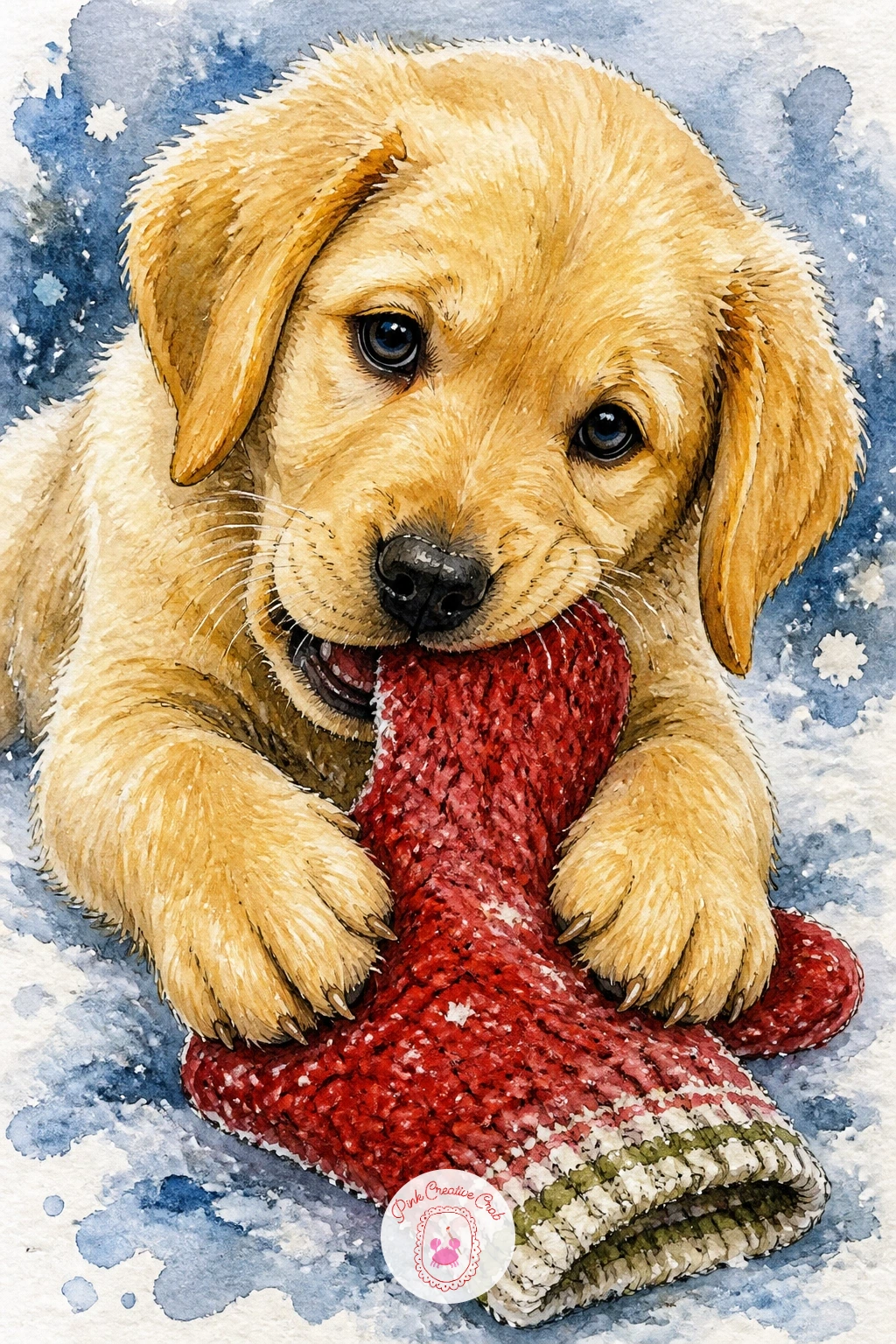 Labrador Puppy Chewing A Mitten — Return to puppy mischief with a Labrador puppy caught mid chew on a stray wool mitten, paws planted on top of it while the