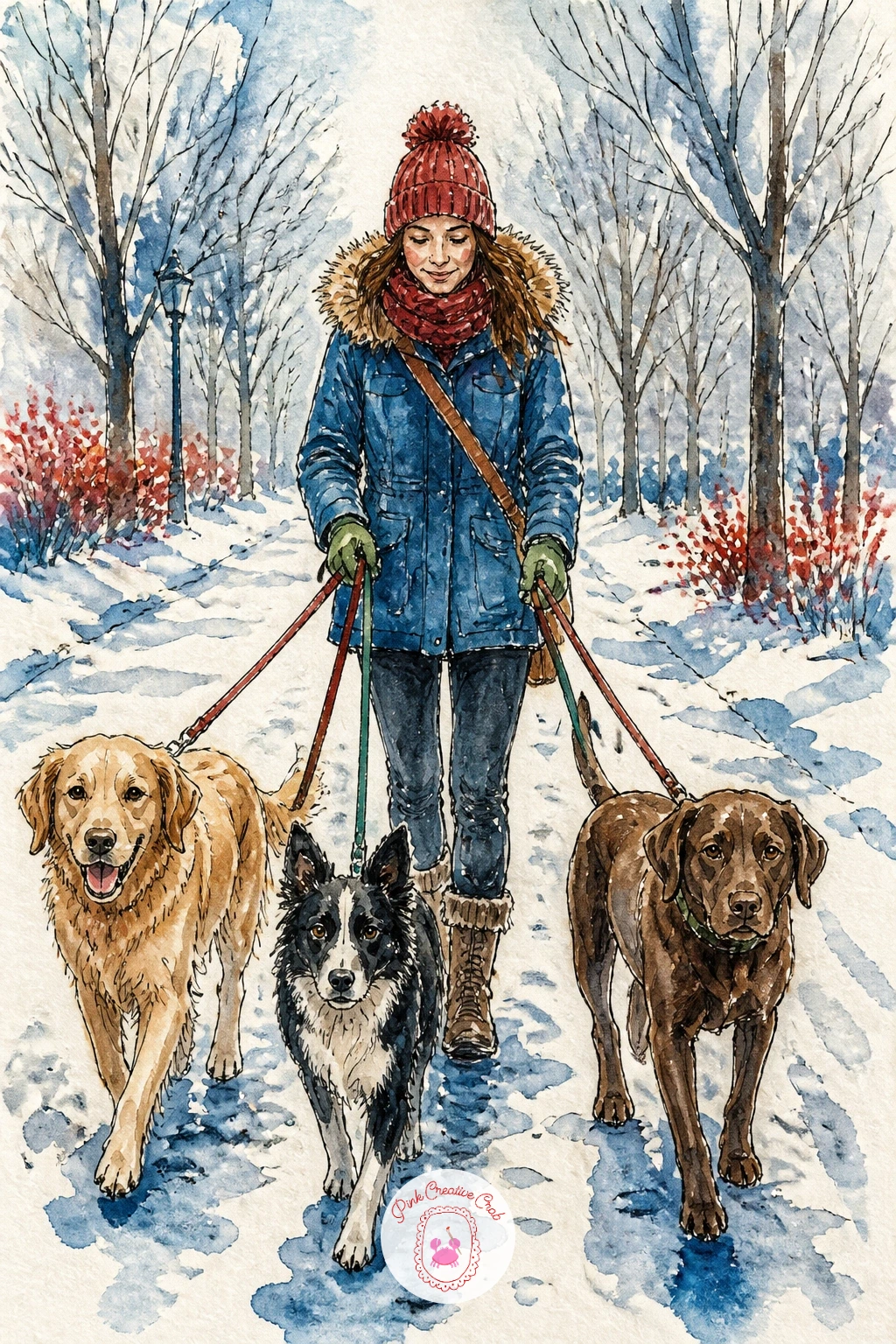 Dog Walker With Three Dogs — Take on a busier composition with a dog walker holding three leashes on a snowy park path, each dog a different breed and size to