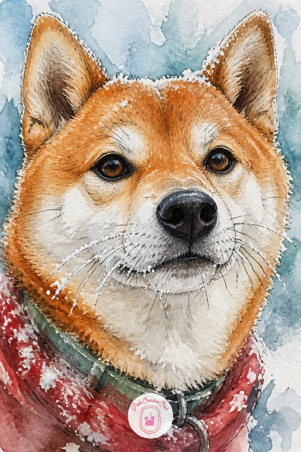 Shiba Inu With Frosted Whiskers — Zoom in close with a Shiba Inu portrait on a winter walk, frost clinging to its whiskers and the fur around its muzzle, a