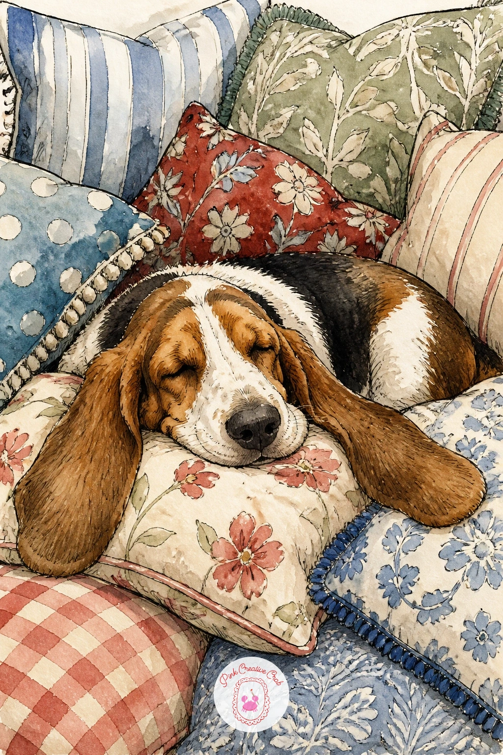Basset Hound In A Pile Of Pillows — Settle into comfort with a basset hound snoozing in a pile of throw pillows, long ears draped over the edge of the cushions