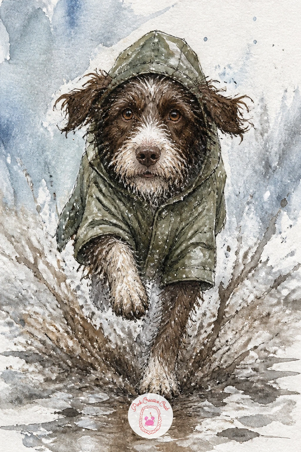 Dog In A Raincoat Splashing Slush — Change the weather slightly with a dog in a moss green raincoat splashing through slush, a wetter, messier scene than the