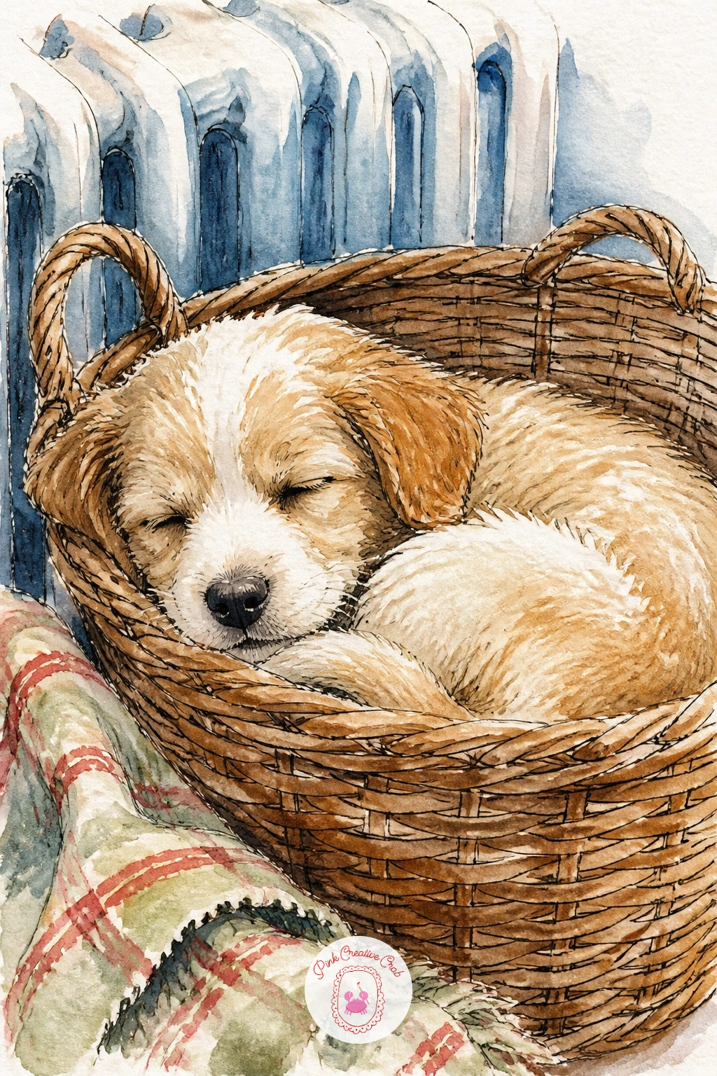 Sleepy Puppy In A Woven Basket — Return to something small and gentle with a sleepy puppy curled inside a woven basket by the radiator, the basket's texture