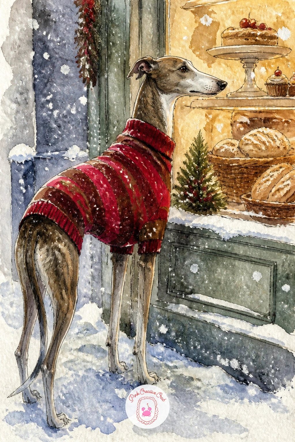 Greyhound Outside A Bakery — Give a greyhound a little scene of its own, waiting in a striped jumper outside a bakery window in the snow, the long narrow body