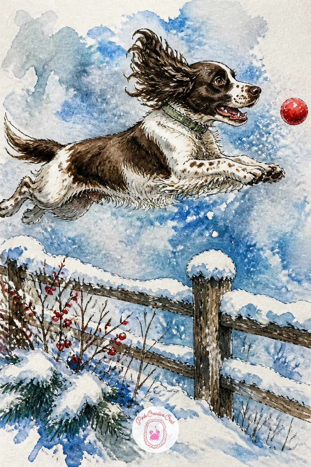 Dog Leaping Over A Snowy Fence — Bring back real motion with a dog leaping clean over a low snowy fence chasing after a ball, body fully extended in the air