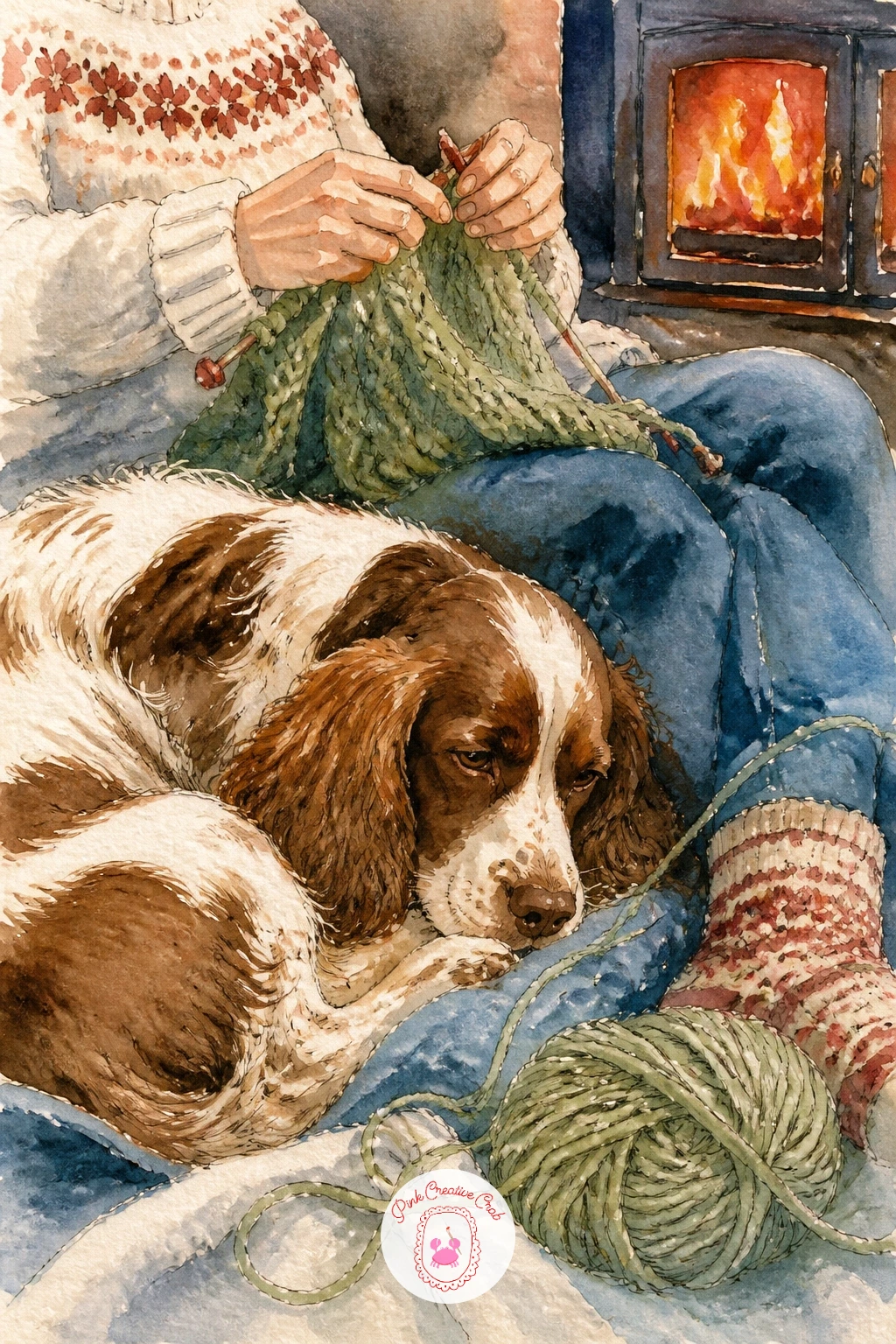 Cocker Spaniel Beside Someone Knitting — Close the list on the coziest note of all with a cocker spaniel curled up beside someone knitting by the fire, the dog