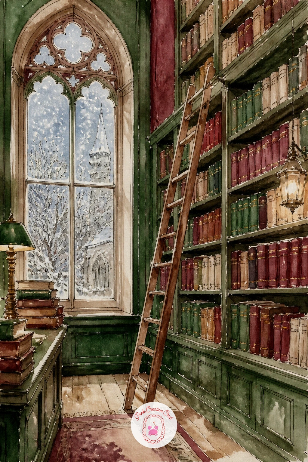 Snowed-In Library With Tall Shelves — Start with the ladder, since it gives you the one straight line the whole library leans on. Book illustration