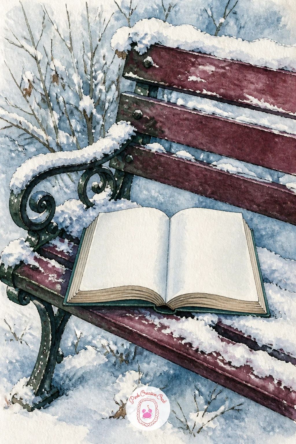 Book Left Open on a Snowy Bench — Painting a book left open on a snowy park bench works because the subject is small and the background does almost all the