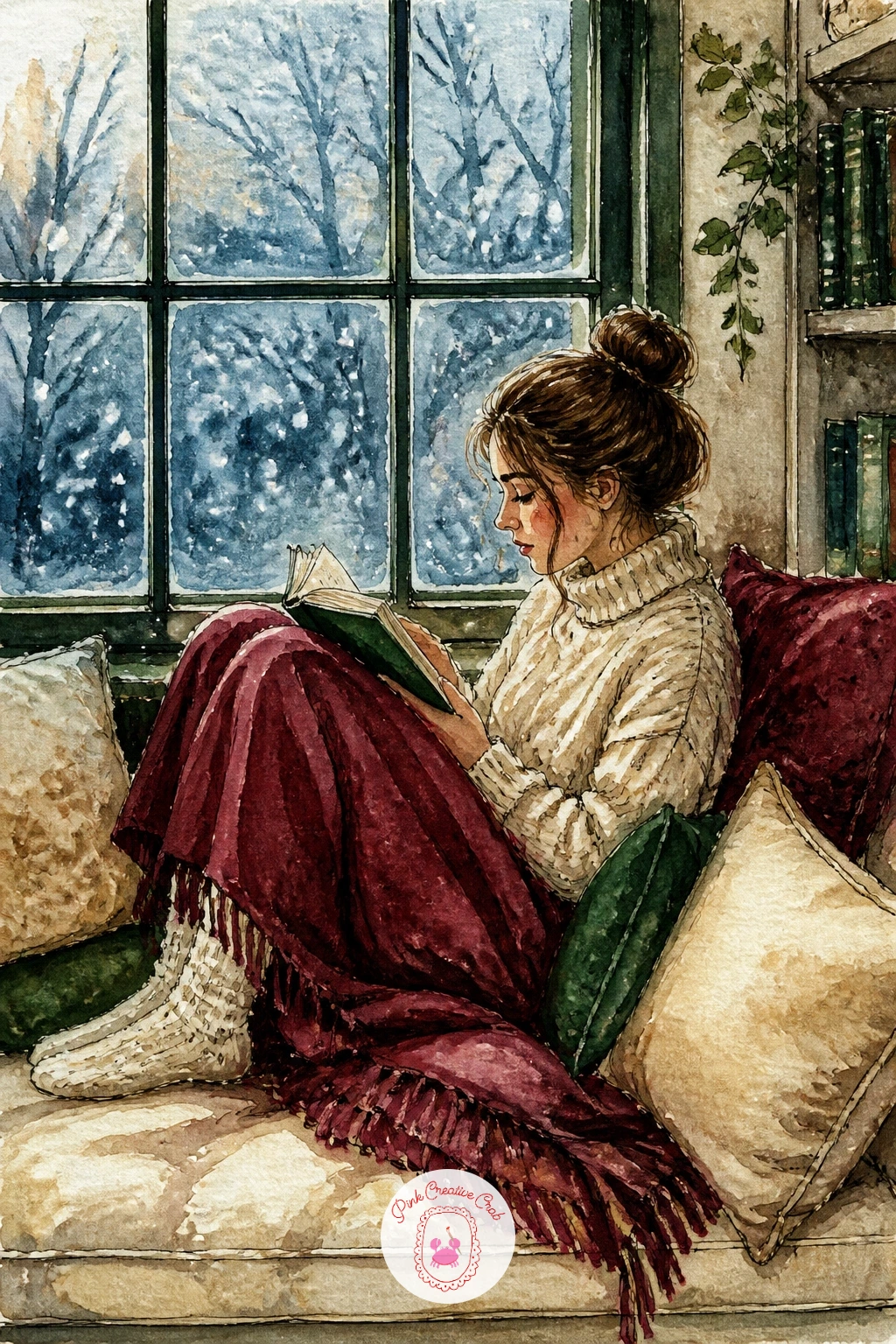 Girl Reading on a Window Seat — A girl reading on a window seat gives you a lovely excuse to paint snow falling outside glass, which is really just controlled