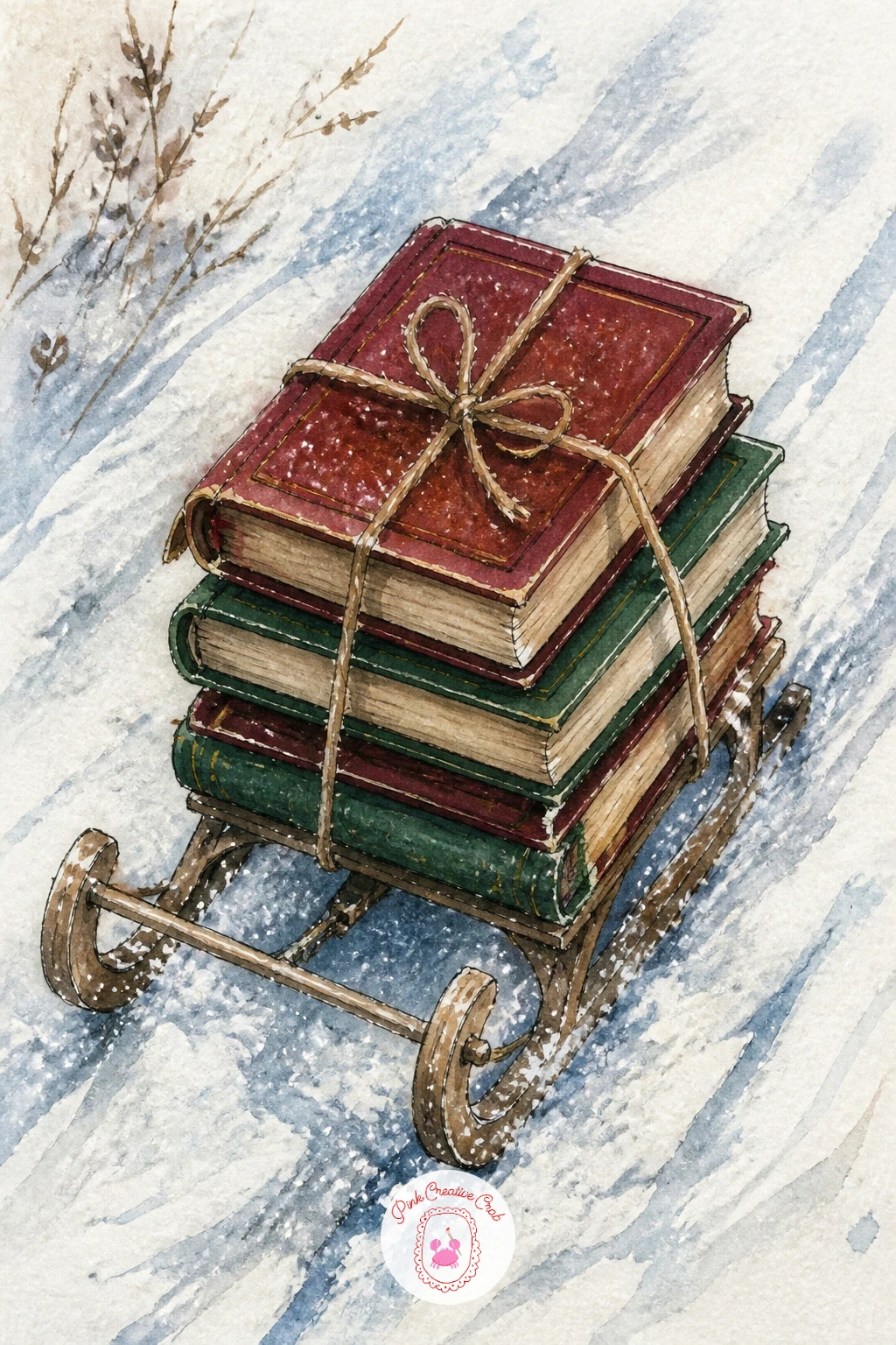 Library Books on a Sled — Following the window seat, try something with more motion: a stack of library books tied with string, riding on a sled through snow.