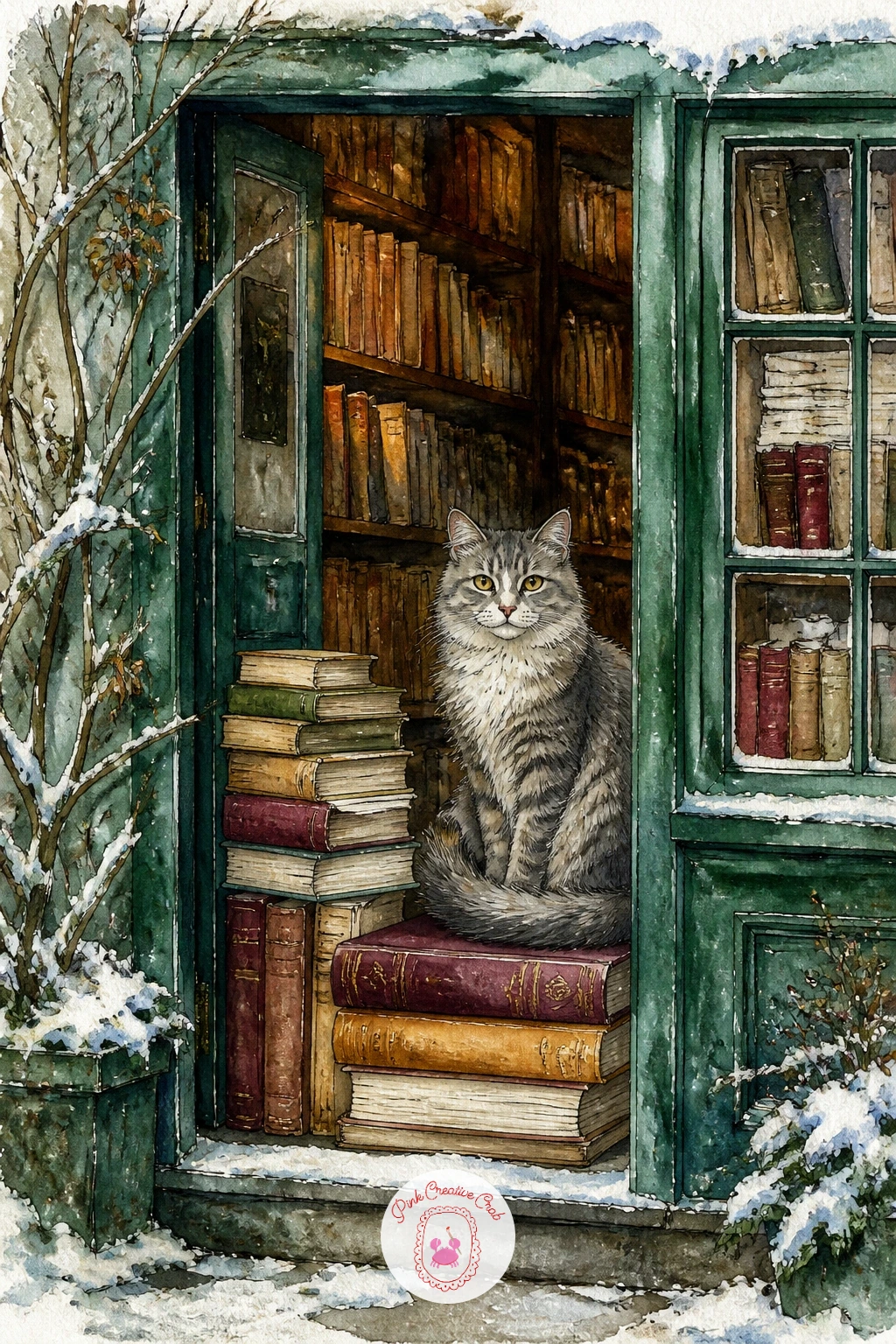Bookshop Doorway With a Cat — Move indoors to a bookshop doorway with a cat sitting among the stacked books, a scene that rewards a confident dry brush more