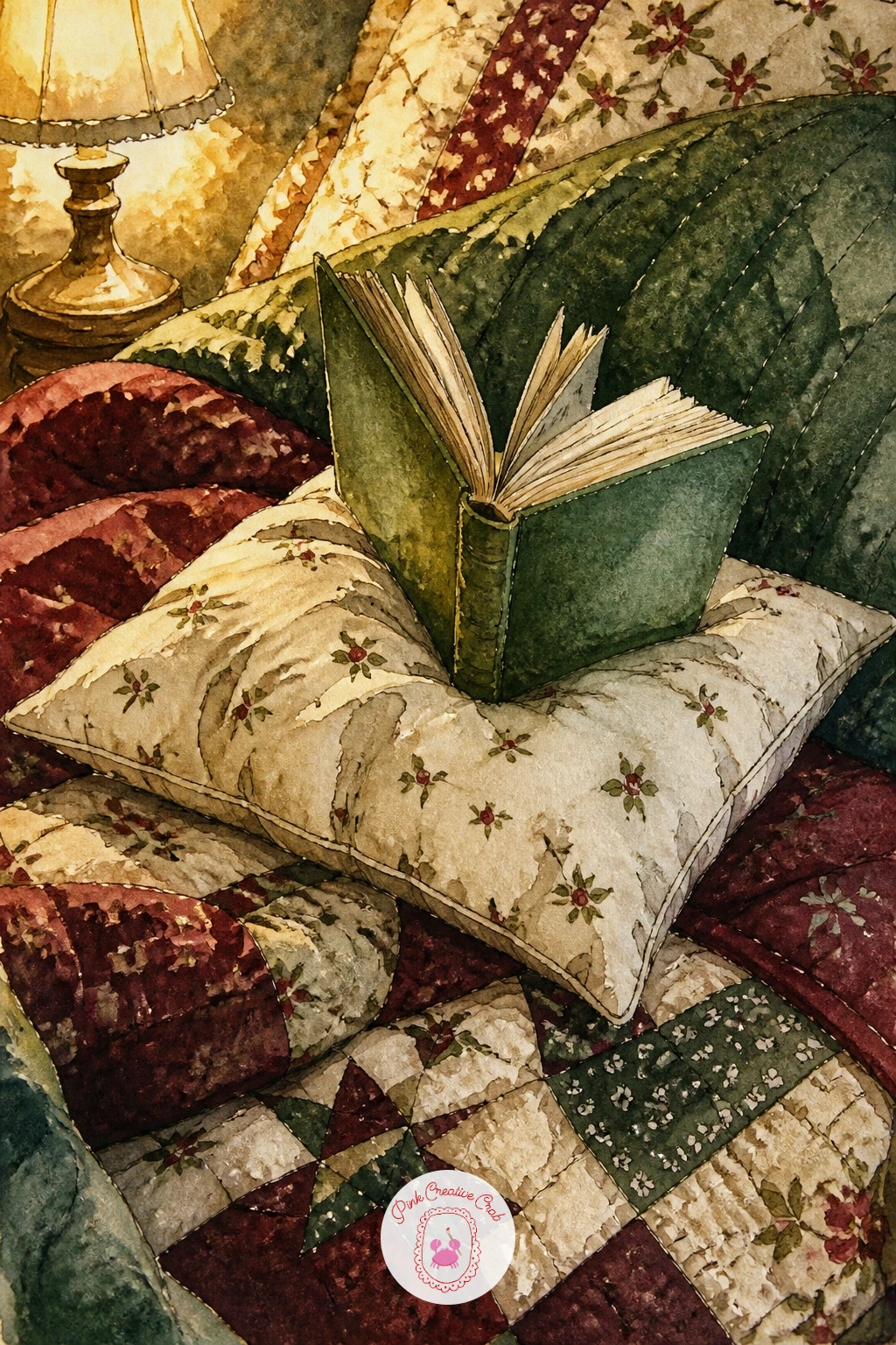 Book Propped on a Pillow — A book propped on a pillow in a bed piled with quilts is a close-up, cozy subject that works beautifully as a smaller painting. Book
