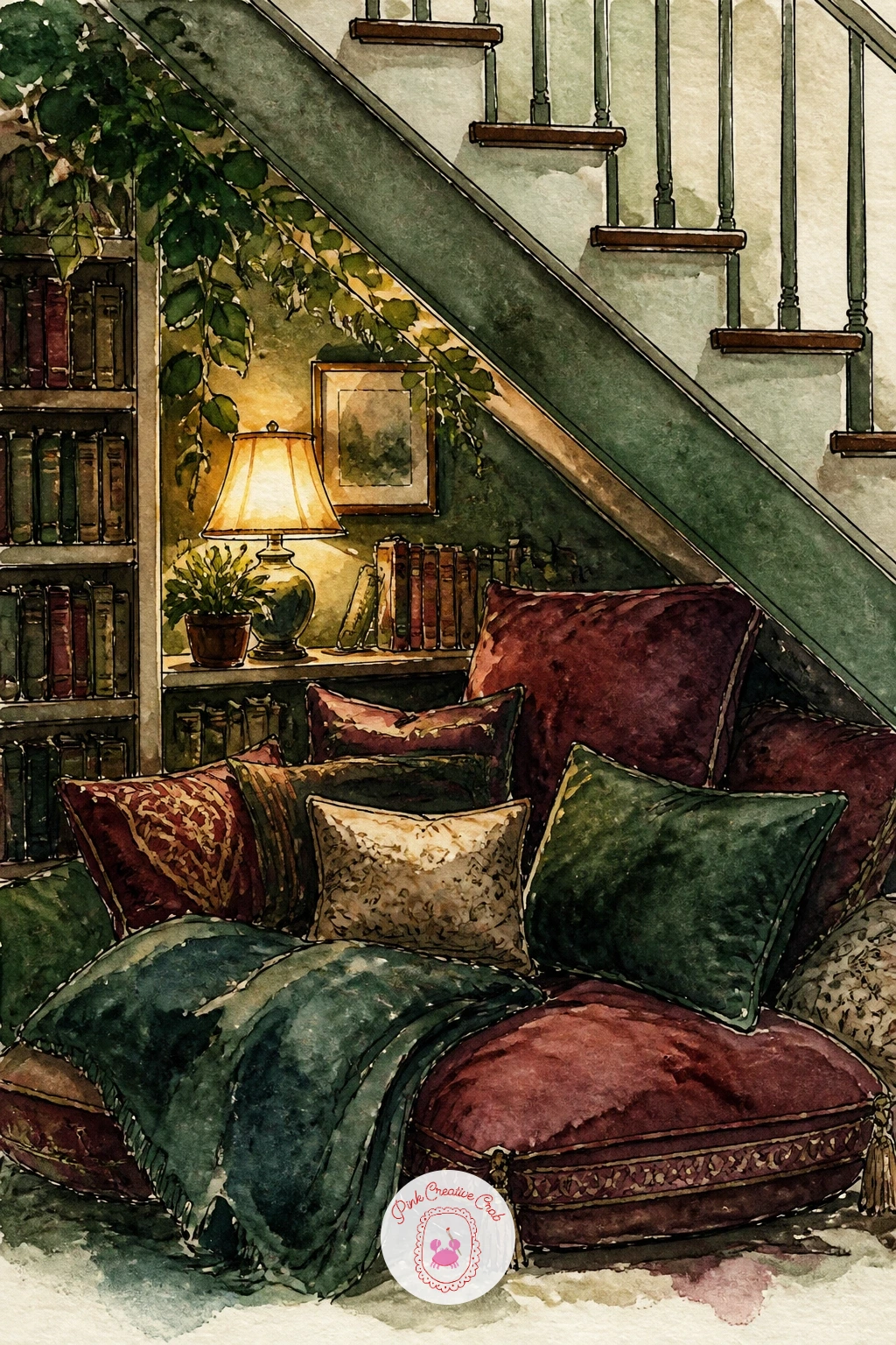 Reading Nook Under the Stairs — A reading nook tucked under the stairs with a lamp and cushions gives you an architectural puzzle worth solving before you
