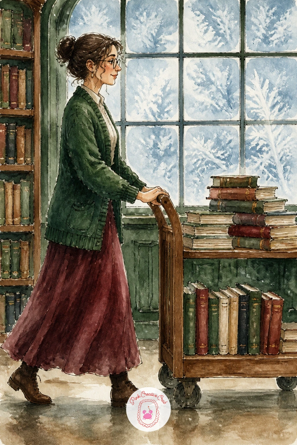 Librarian With a Book Cart — Give yourself a figure in motion next: a librarian pushing a cart of books past frosty windows. Book illustration