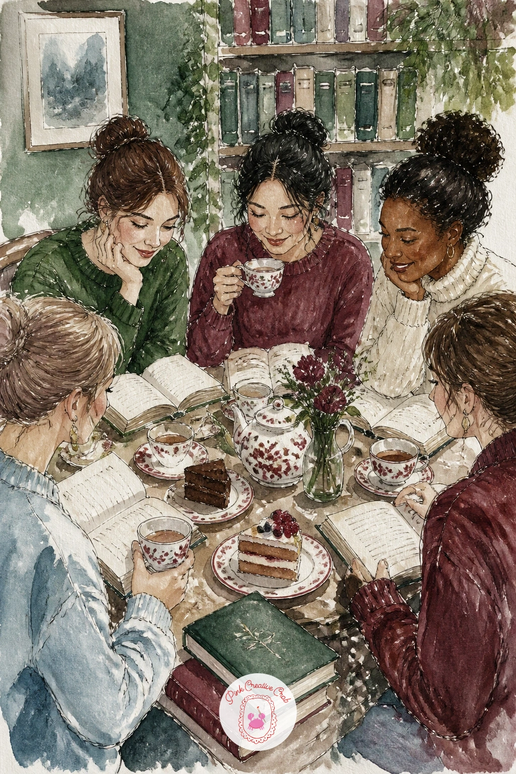Book Club Around a Table — A book club around a table with tea and cake is the most people-heavy scene on this list, so simplify early and keep every figure