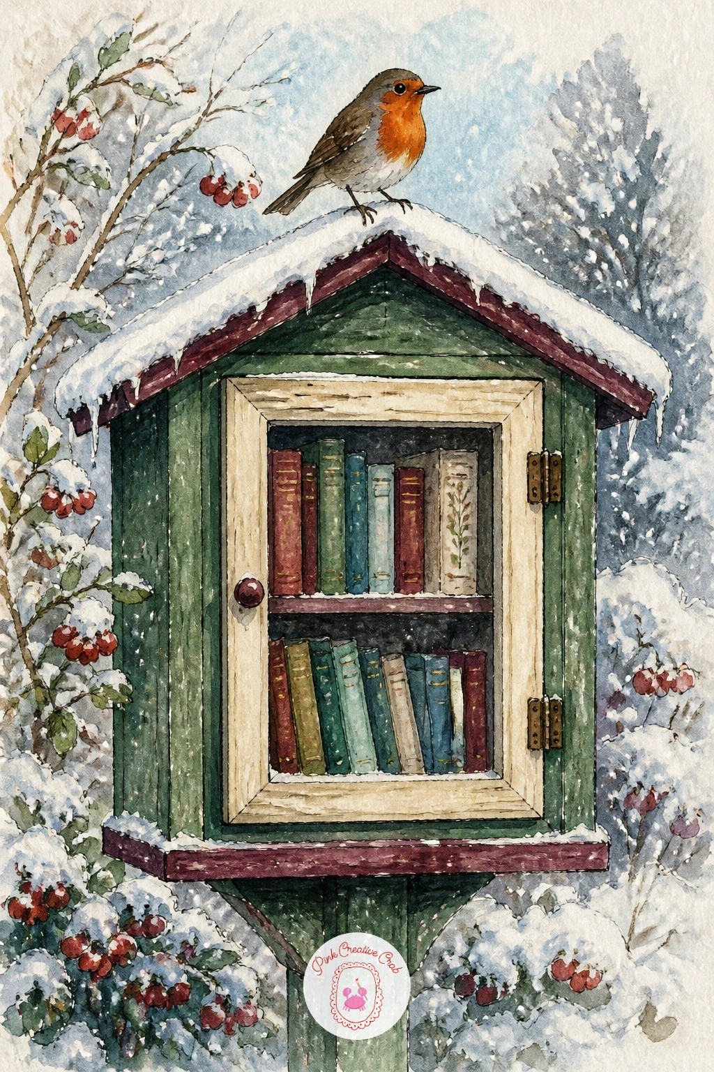 Little Free Library With a Robin — A little free library box in the snow with a robin perched on top is a compact scene that leans heavily on your red accent.