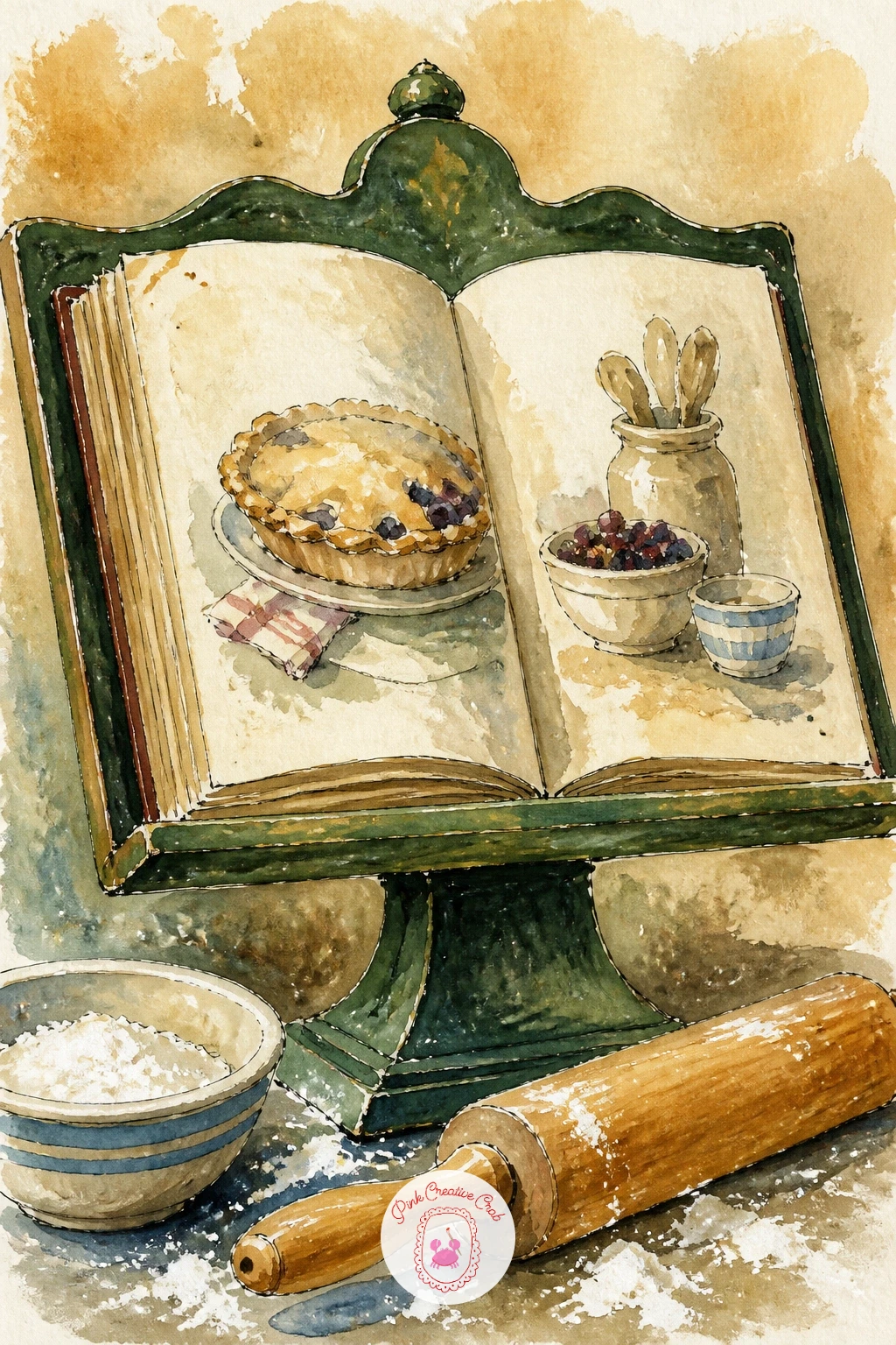 Cookbook on a Kitchen Stand — Shift into a warmer, messier scene with a cookbook open on a kitchen stand, flour scattered everywhere around it. Book