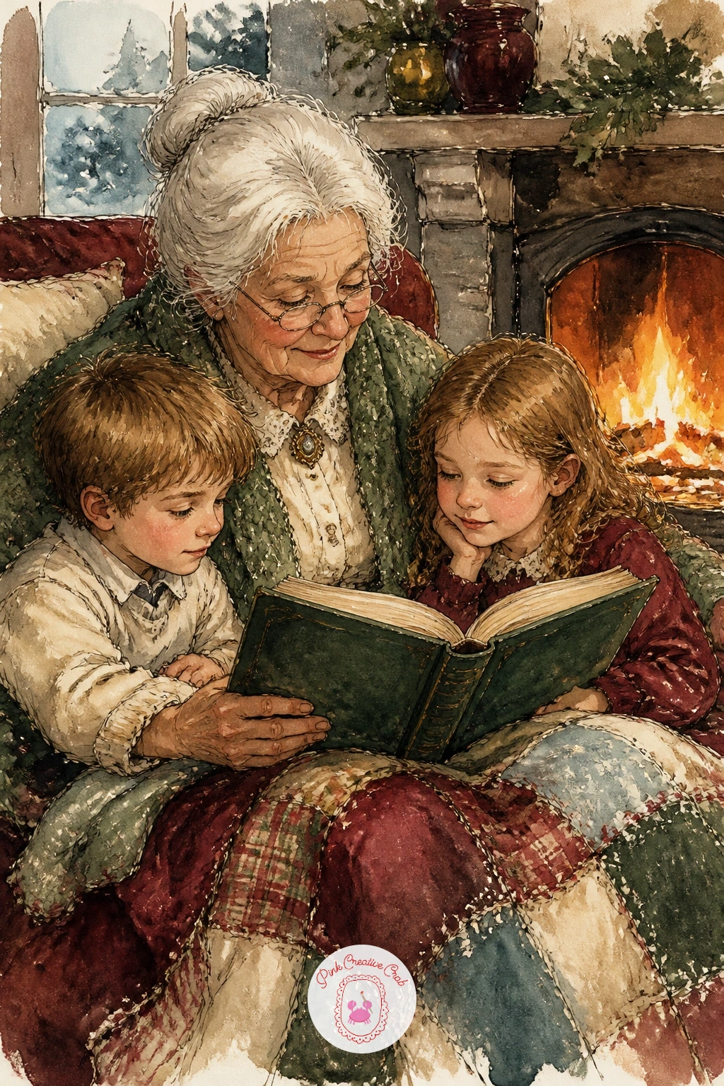 Grandmother Reading by the Fire — A grandmother reading to two children by the fire asks for warmth above everything else, so start by laying a soft orange-red