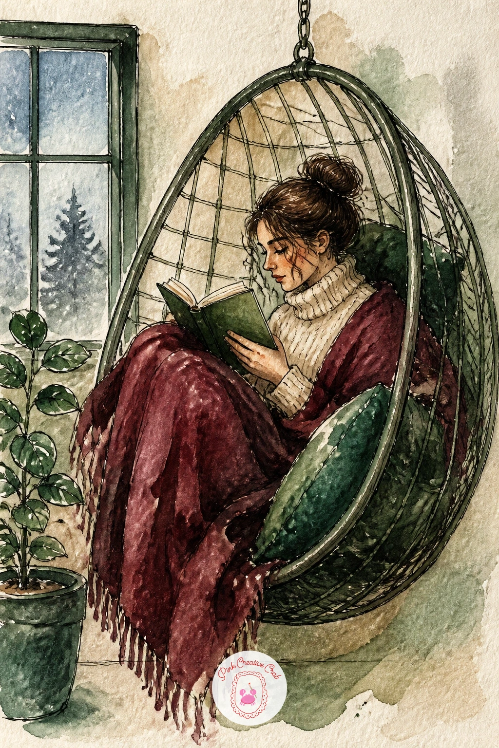 Reader in a Hanging Chair — A reader wrapped in a blanket inside a hanging chair gives you a curved shape to build the whole composition around. Book