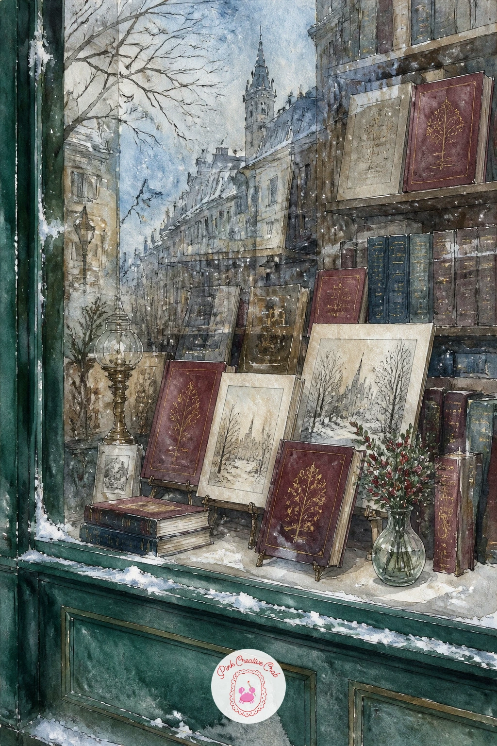 Bookshop Window Display — A bookshop window display with the snowy street reflected is really two paintings stacked in one: the display itself and a ghostly
