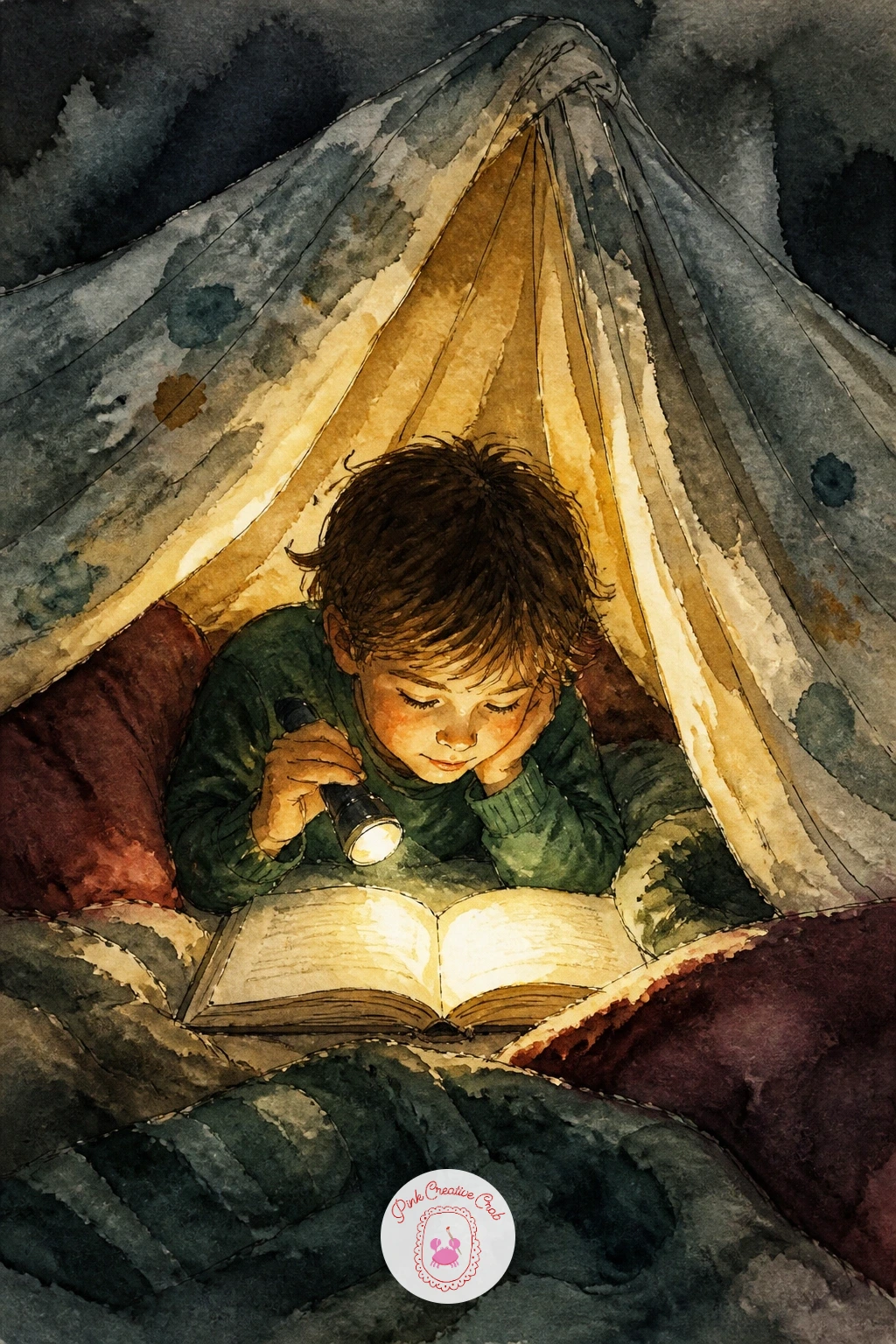 Child Reading Under a Blanket Tent — A child reading with a flashlight under a blanket tent turns light source into the whole point of the painting. Book