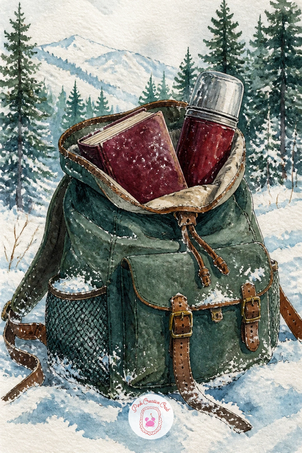 Book and Thermos on a Snowy Hike — Take the story outside again with a book and a thermos tucked into a backpack on a snowy hike. Book illustration