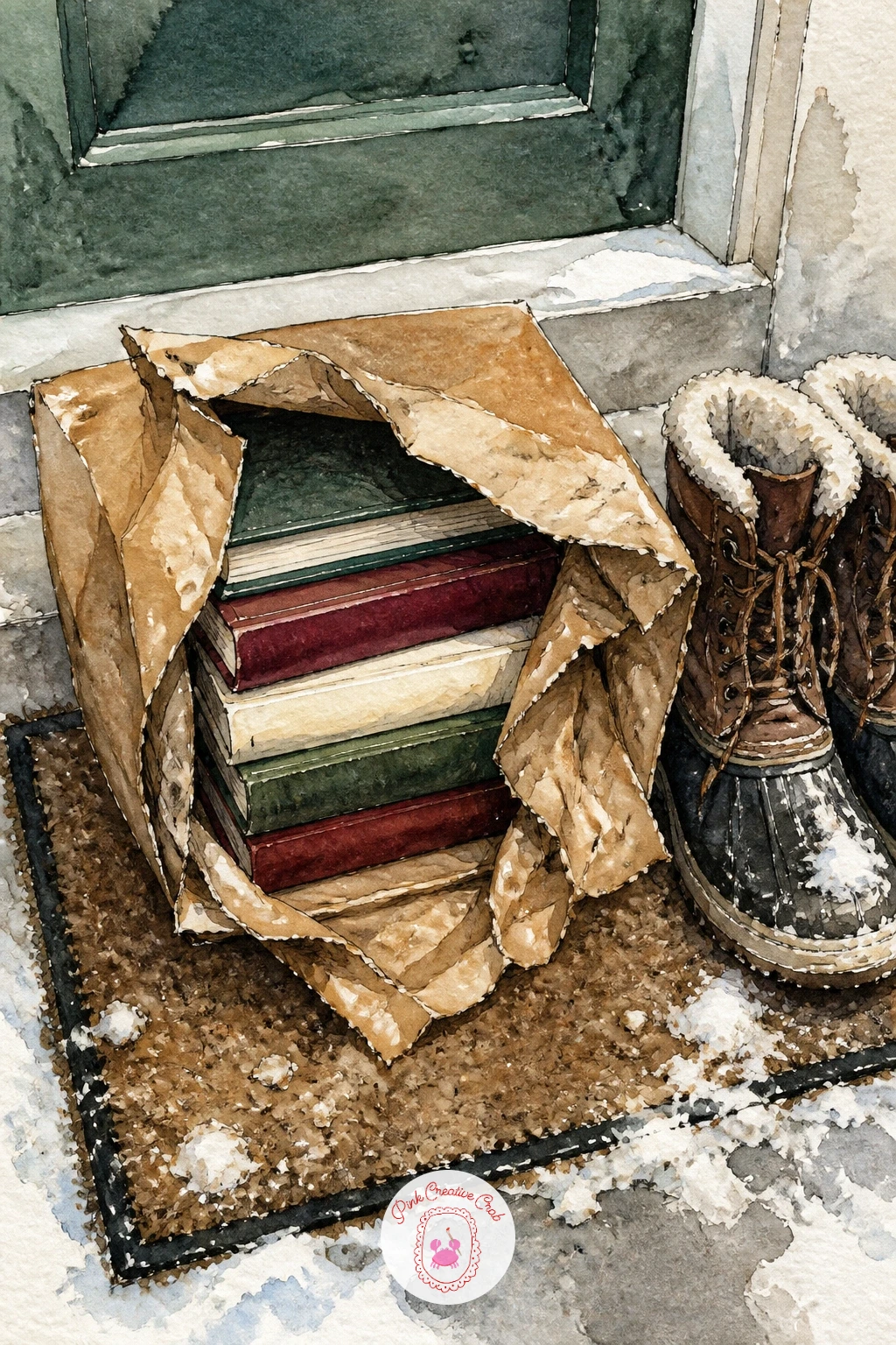 New Books on a Doormat — A parcel of new books on a doormat beside snow boots is a small entryway scene full of everyday detail. Book illustration