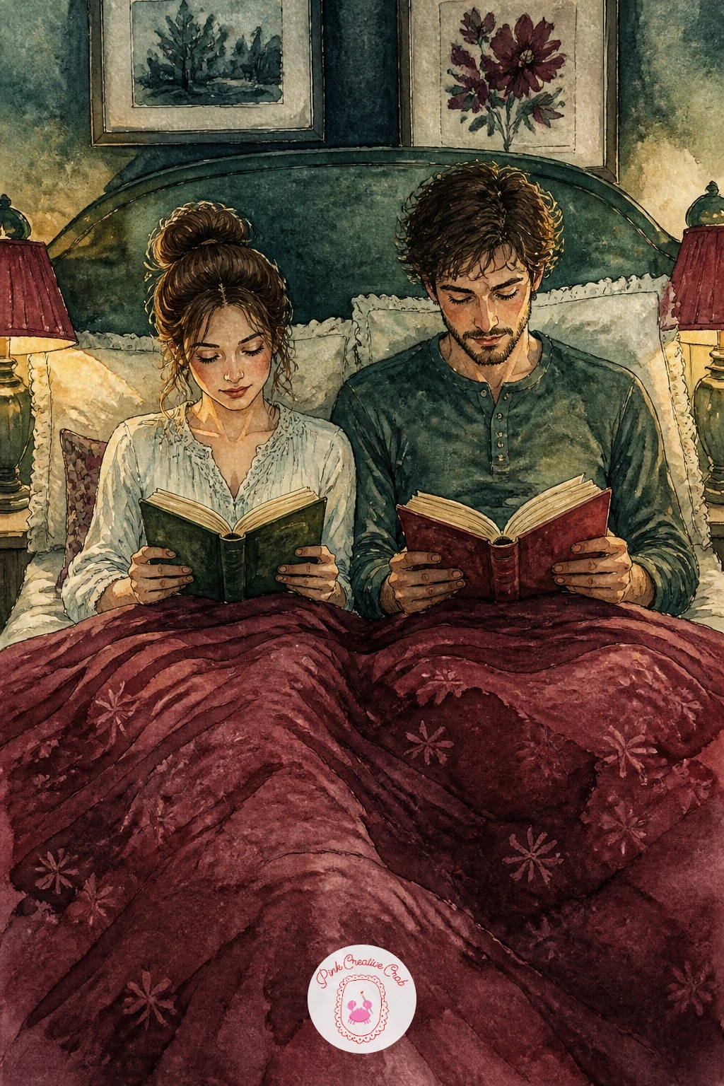 Couple Reading in Bed — A couple reading in bed with matching reading lamps asks you to balance two figures without letting either one dominate. Book