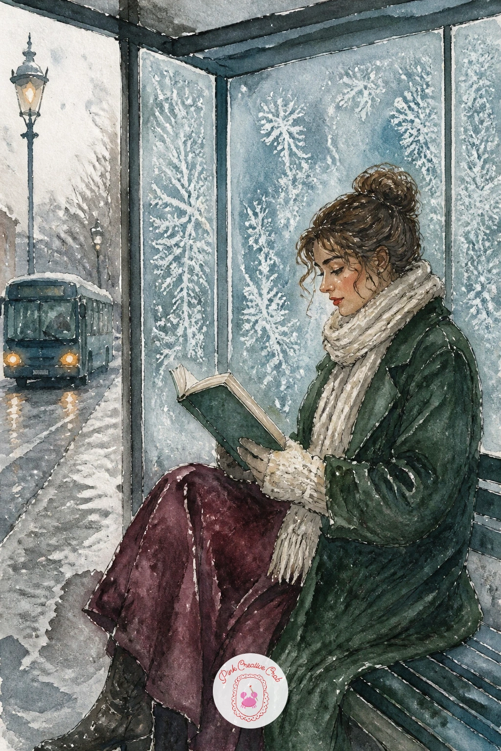 Woman at a Frosty Bus Stop — A woman reading at a frosty bus stop pairs a still figure against a cold, slightly grimy urban background. Book illustration