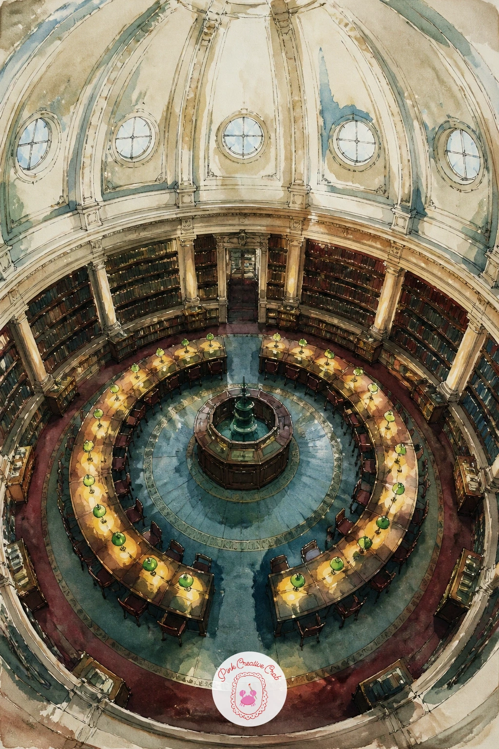 Round Library Reading Room — A round library reading room with green lamps is one of the more architecturally demanding scenes here, so take the curve slowly.