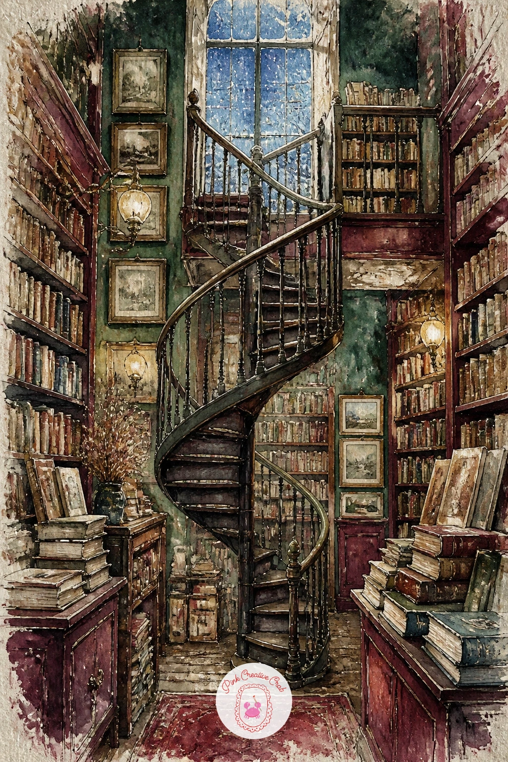 Vintage Bookstore With a Spiral Staircase — A vintage bookstore with a spiral staircase and snowy windows pushes the architecture even further, so build it in