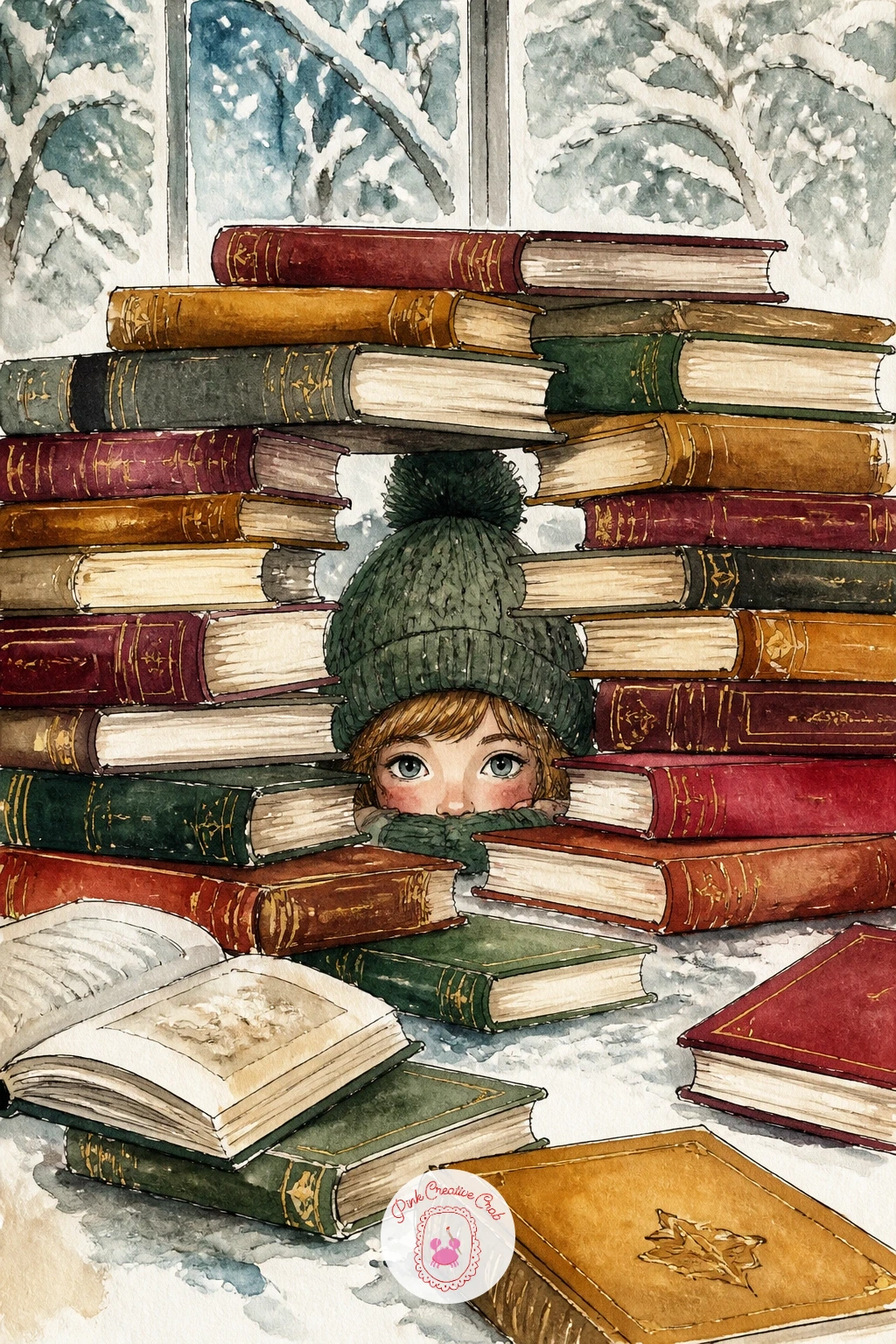 Fort of Stacked Books on a Snow Day — A fort of stacked books built by kids on a snow day brings motion and mess back into the mix. Book illustration