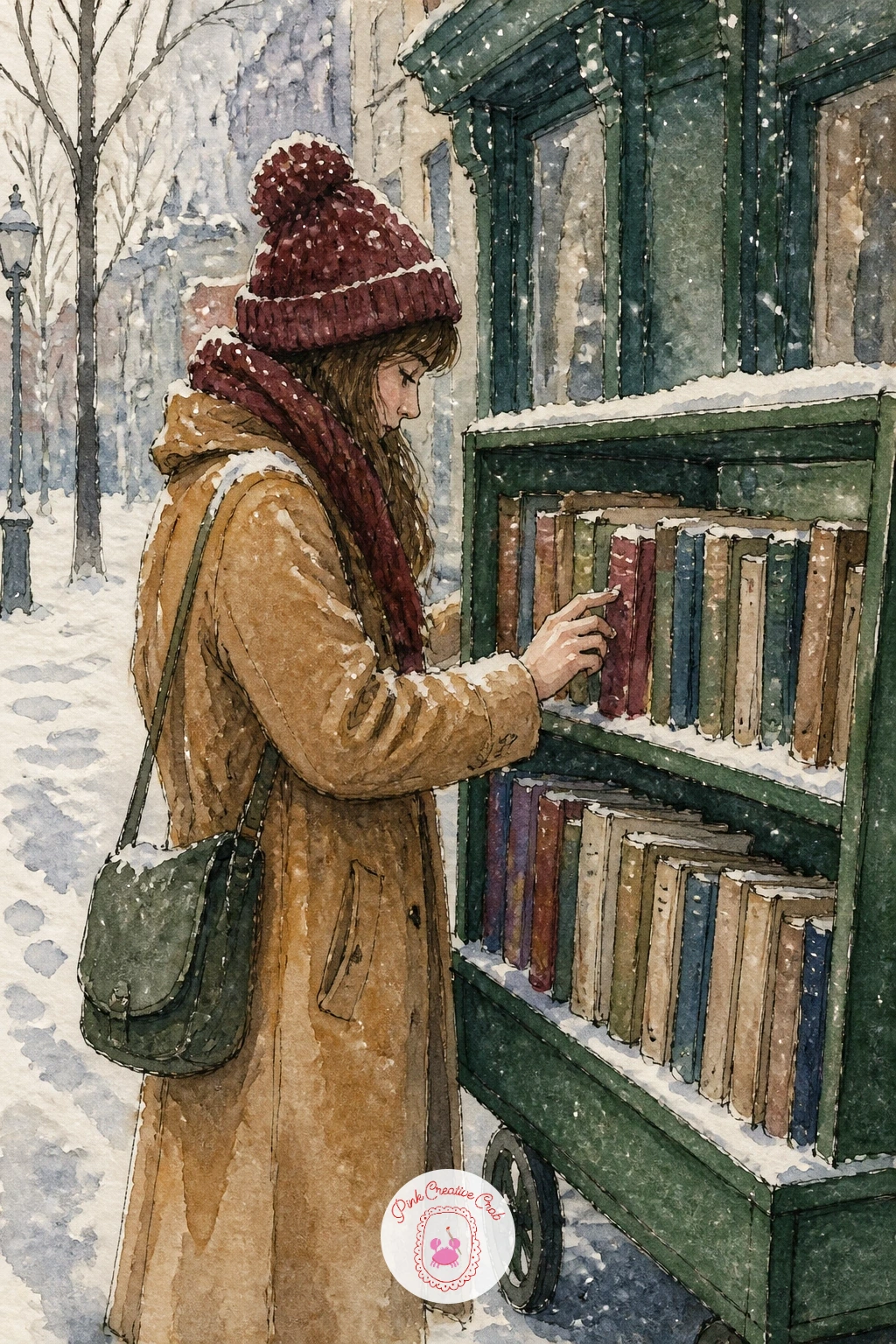 Secondhand Book Cart on a Snowy Sidewalk — A girl browsing a secondhand book cart on a snowy sidewalk brings the street back into focus after the quiet