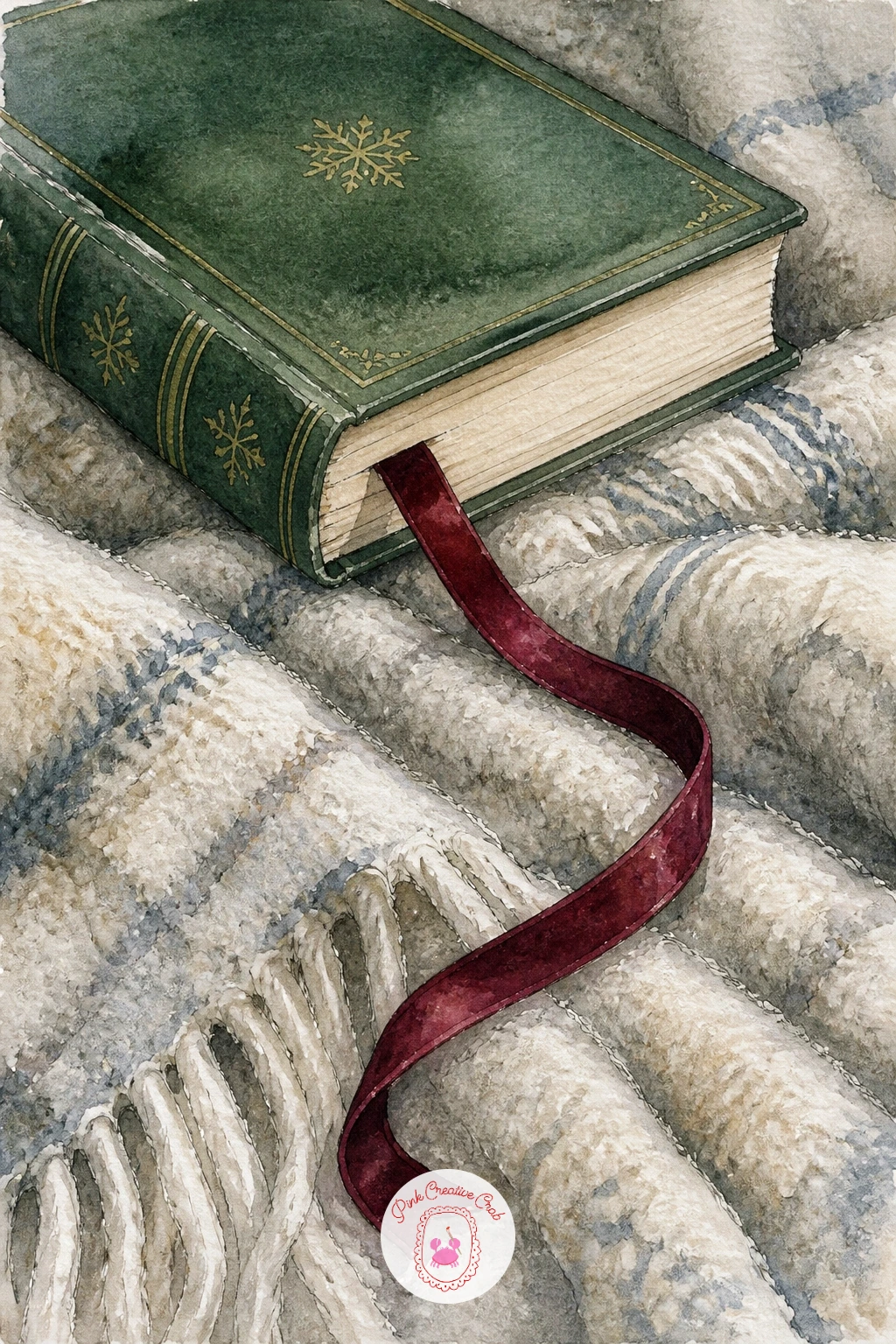 Ribbon Bookmark on a Wool Blanket — Close the whole set with something small and calm: a ribbon bookmark trailing from a book resting on a wool blanket. Book
