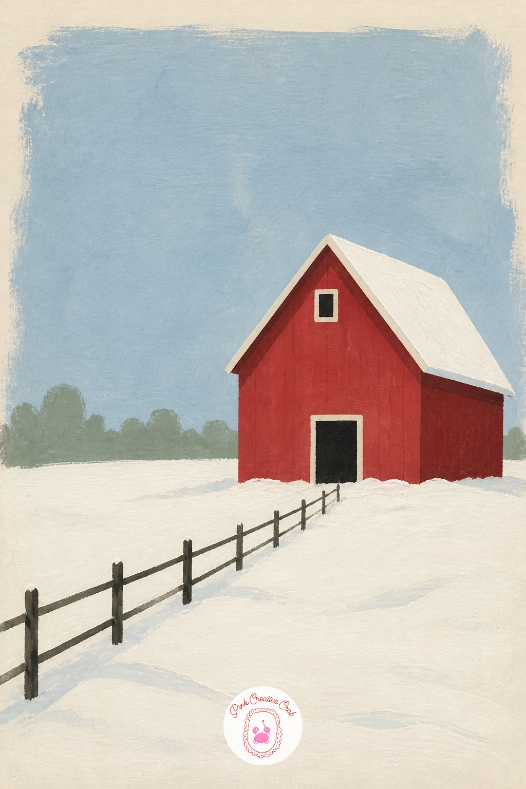 Red Barn in a Snowy Field — Start with a red barn in a snowy field, since it only needs three or four flat shapes to read clearly. Landscape illustration