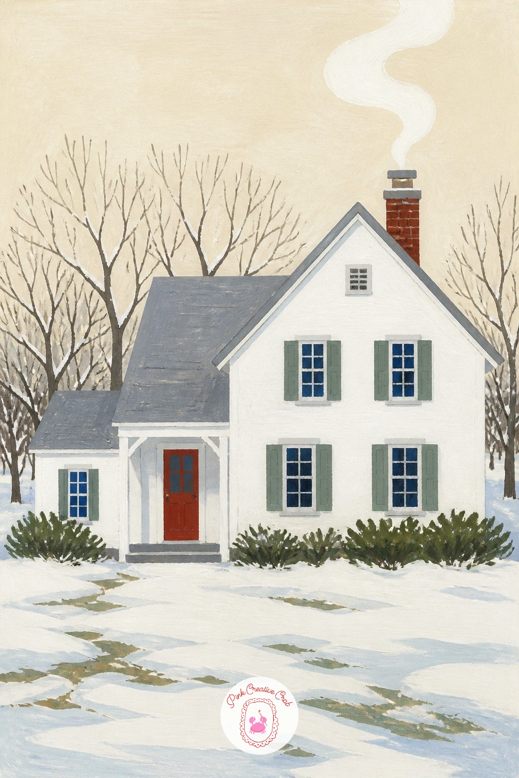 White Farmhouse With a Smoking Chimney — Move to a white farmhouse with a smoking chimney, a subject that leans on light rather than line to feel warm.