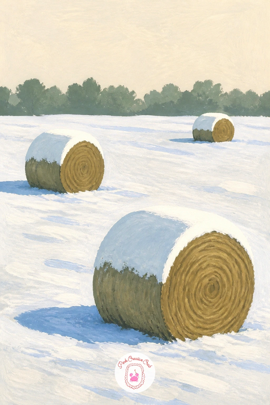 Frozen Field With Snow-Capped Hay Bales — Round hay bales wearing snow caps give you a chance to practice circles that actually look round. Landscape