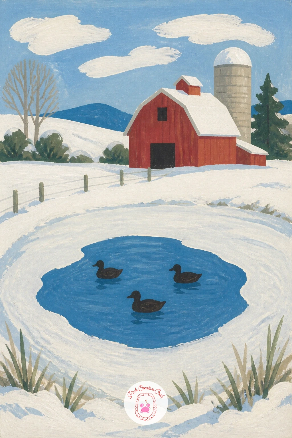 Farm Pond With Ducks on Open Water — A farm pond with ducks on the last patch of open water is your first chance in this list to paint reflection without