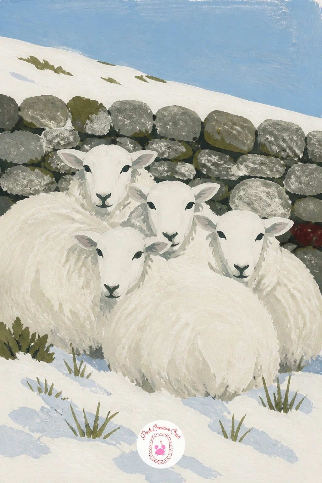 Sheep Huddled by a Stone Wall — Sheep huddled by a stone wall on a snowy hill rewards a little grouping trick before you pick up a brush. Landscape illustration