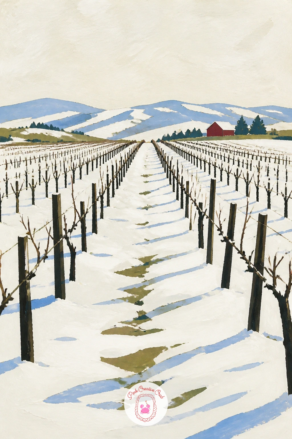 Snowy Vineyard With Bare Vines — A snowy vineyard with bare vines in neat rows is really an exercise in perspective, since those rows need to shrink