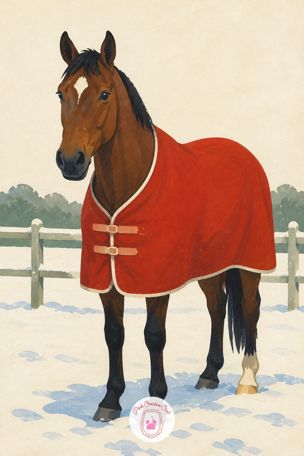 Horse in a Red Blanket — A horse in a red blanket in a white paddock lets that one red shape do all the work against a very quiet background. Landscape
