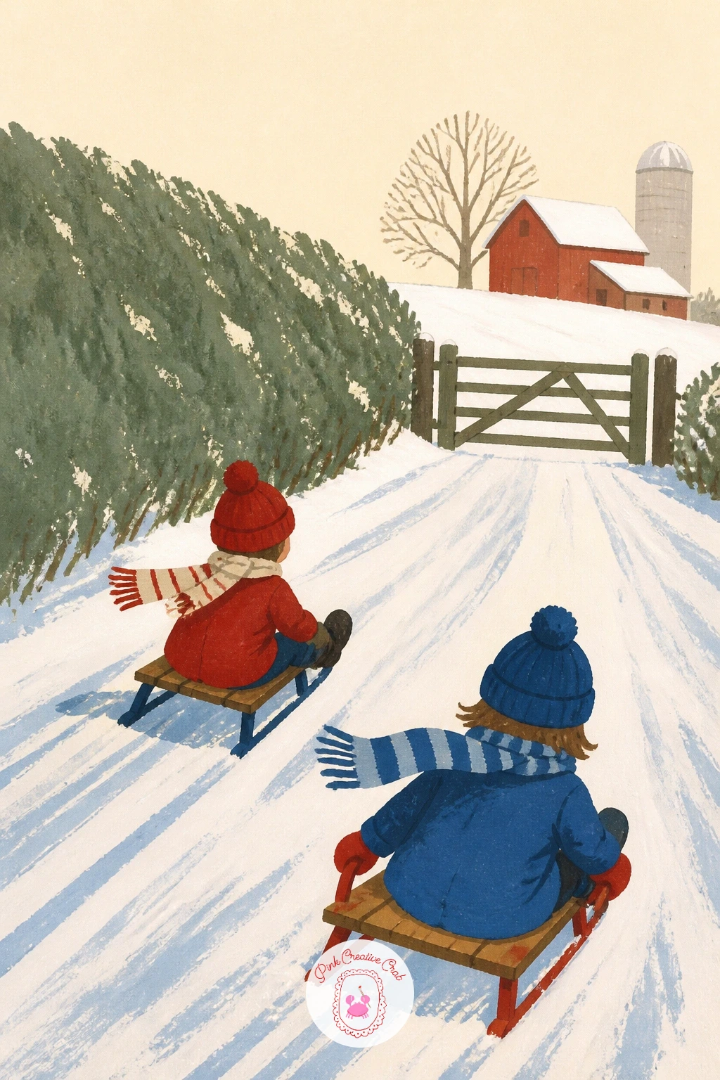 Children Sledding Toward a Farm Gate — Children sledding toward a farm gate adds motion to the list, and the quickest way there is a curved hill line that tips