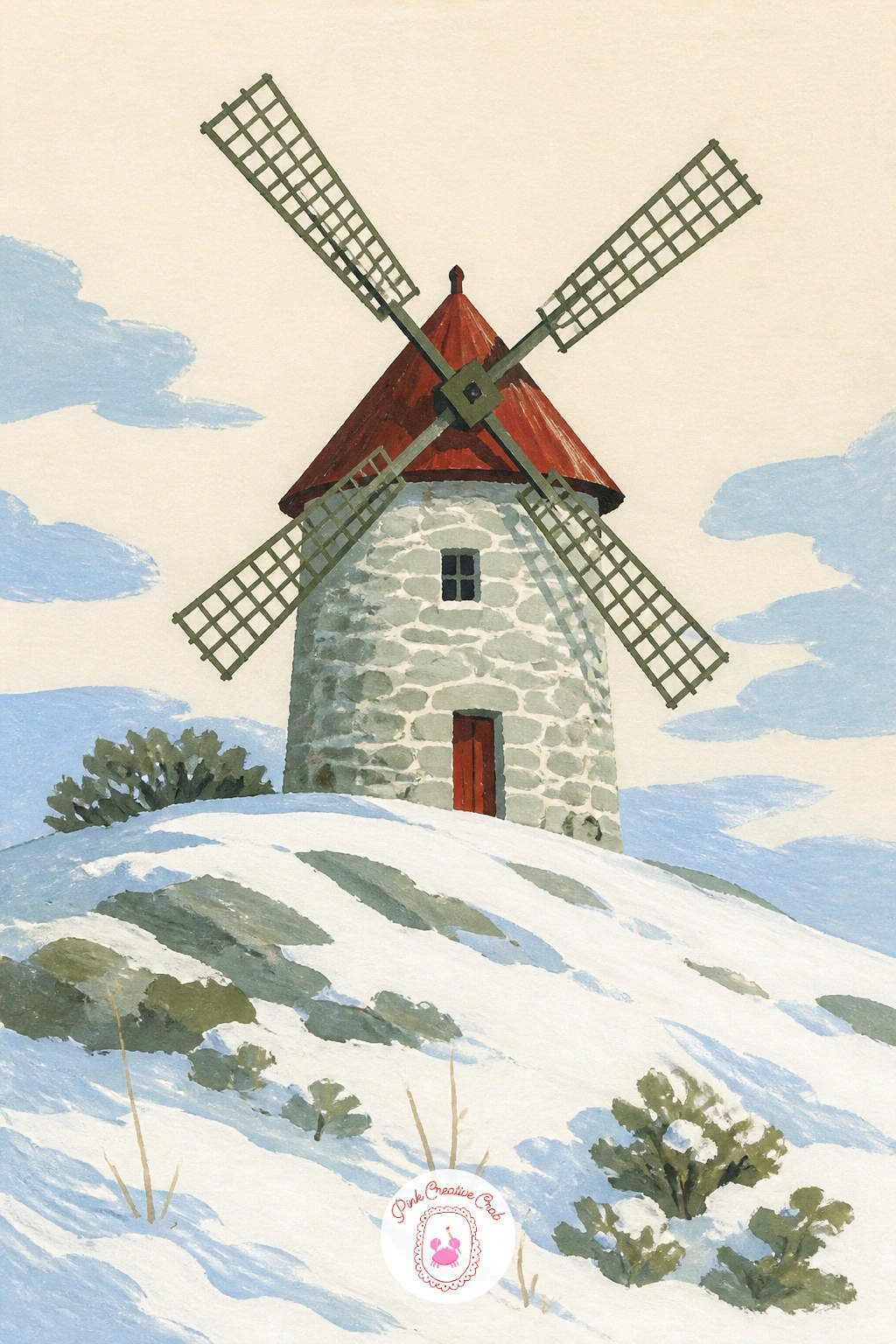 Old Windmill Under a Pale Sky — An old windmill on a snowy hill under a pale sky is mostly about getting the sails to feel still rather than spinning wrong.