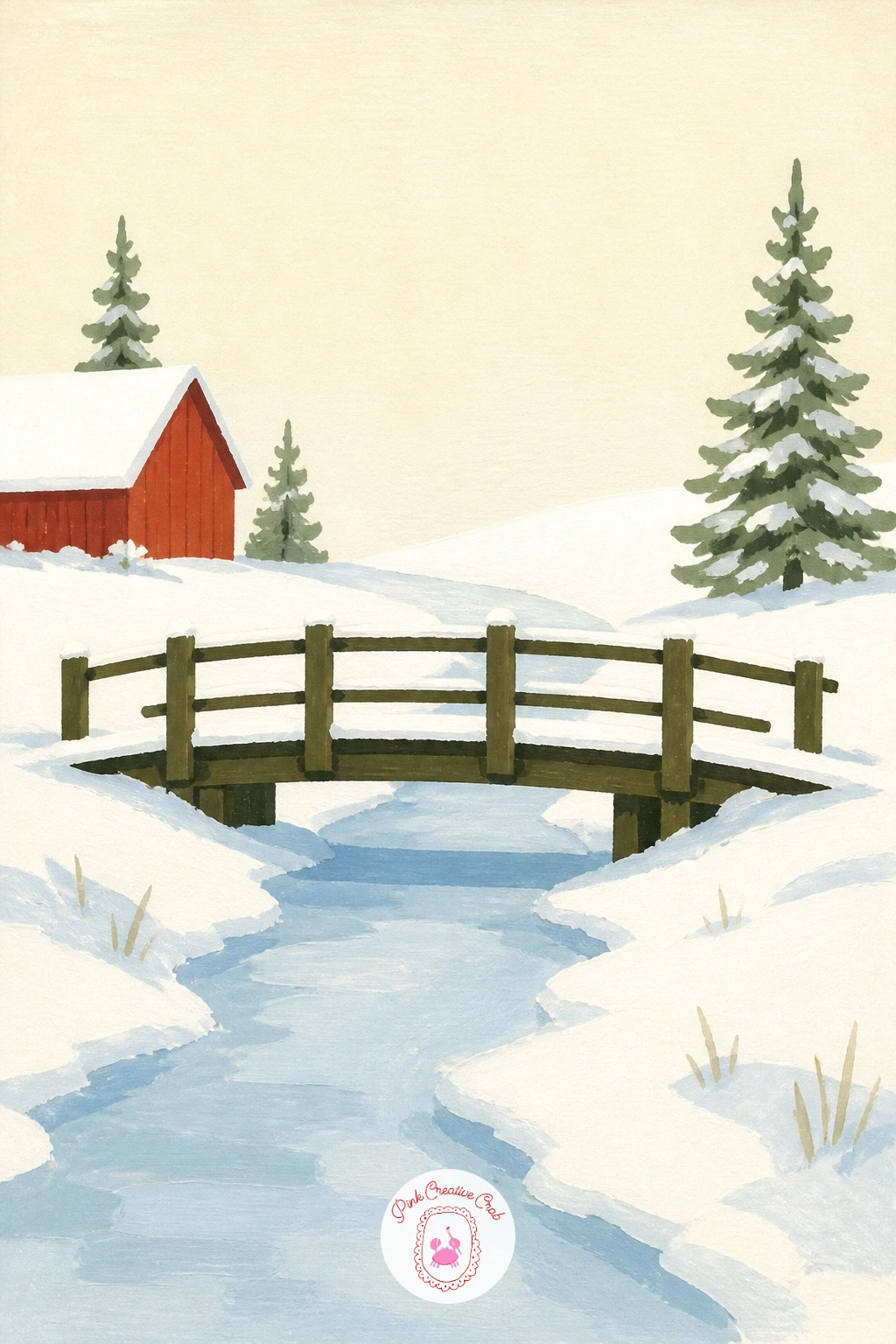 Wooden Bridge Over a Frozen Creek — A wooden bridge over a frozen creek between fields gives you a strong horizontal shape to anchor the whole composition.